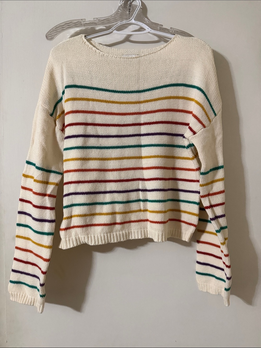 Cream Crewneck Sweater with Multicolor Stripes